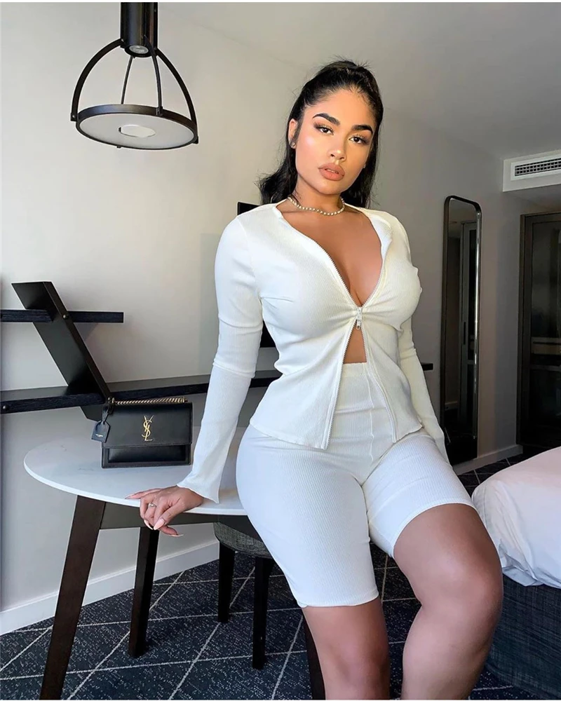 NewAsia Garden Double Zipper Two Piece Set T Shirt And Shorts Matching Sets Women Ribbed Long Sleeves Two Piece Outfits Black