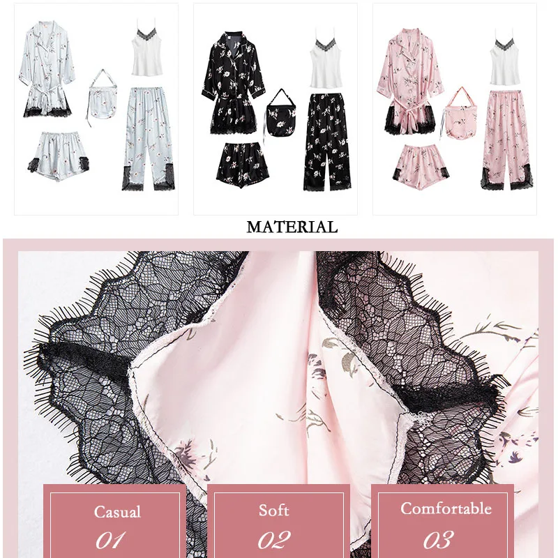 Привлекательные пижамные комплекты атласные шелковые пижамы 5 шт. женские