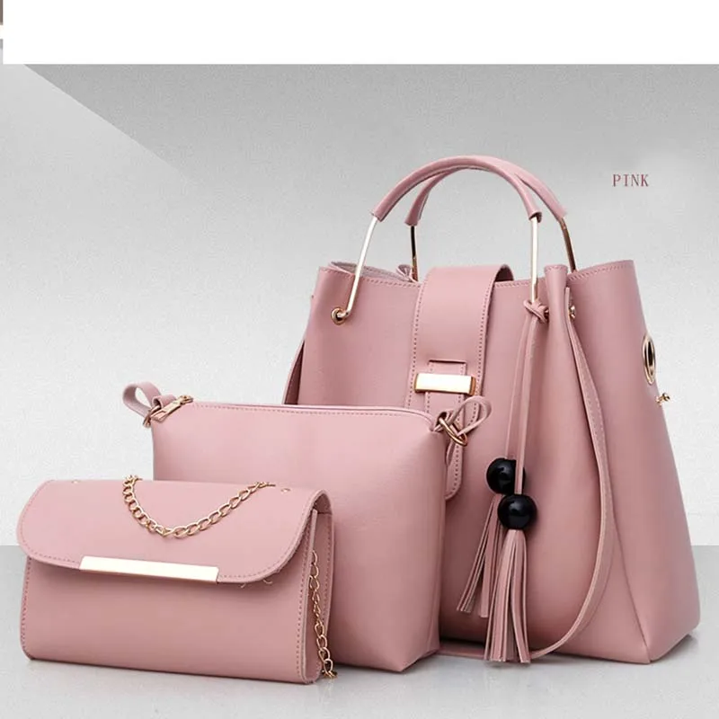 Pink Новинка модные женские туфли 3 шт./компл. косметичка из искусственной кожи сумки-косметички в Повседневное кисточкой декора, сумка через плечо, сумка тоут - Color: Pink