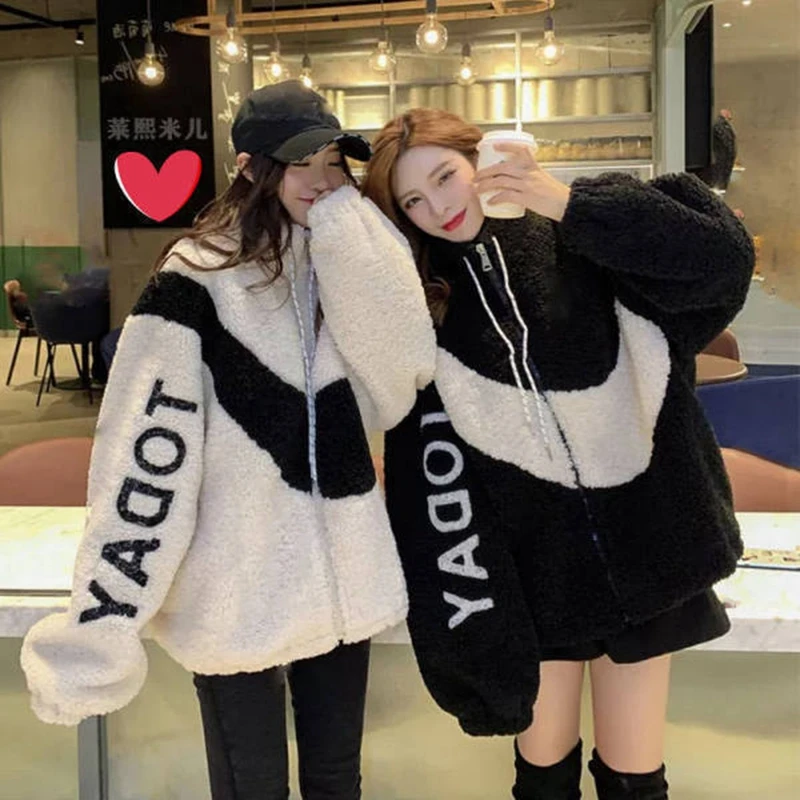 

Hook Lamb Plush Jacket Autumn And Winter New Korean Version Of The Large Size Loose Student Sweater Female Tide Ins Plus Velvet