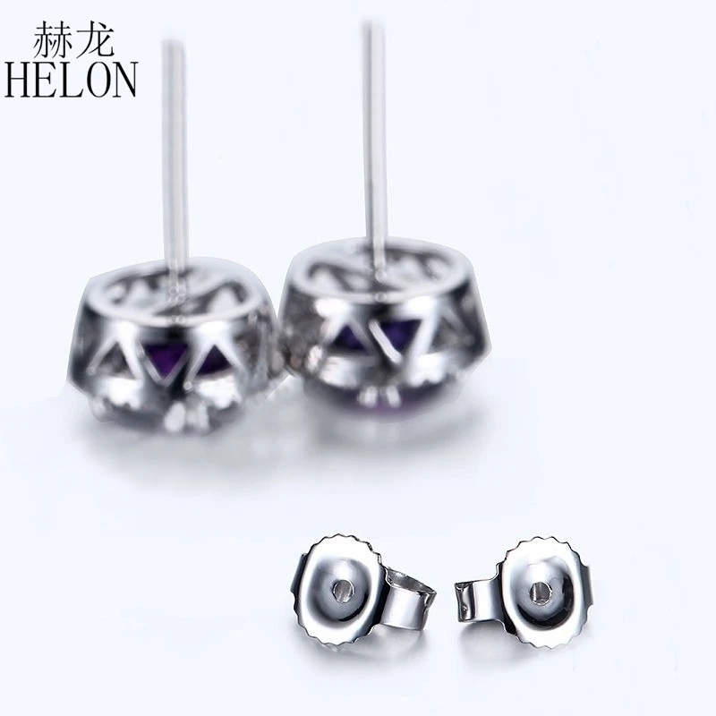 HELON Solid 14K белое золото круглый 1.6ct натуральный аметист Halo Серьги-гвоздики с бриллиантами помолвка Свадебная вечеринка серьги для женщин