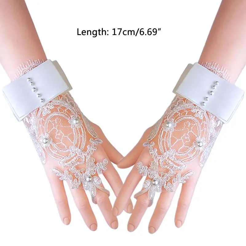 

Women Bridal Fingerless Floral Lace Gloves Faux Pearl Bowknot Wedding Mittens E15E