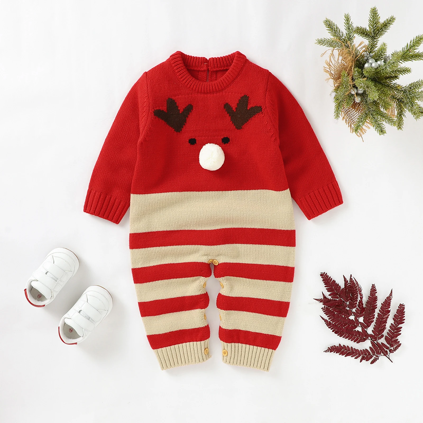 

Newborn Infant Baby Boy Girl Knitting Christmas Sweater Romper Cartoon Reindeer Pattern Long Sleeve Jumpsuit Winter Clothes