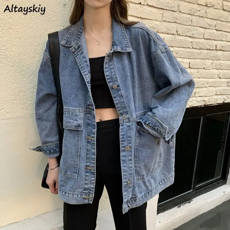 

Women Denim Basic Jackets Vintage Harajuku Fashion Female Outwear Pockets Solid Retro Loose All-match Student BF Streetwear Chic
