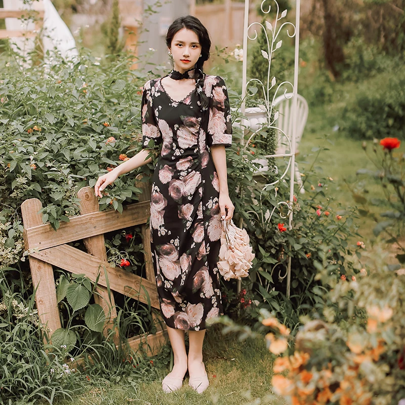 

Make spot French retro pink rose improved qipao dress