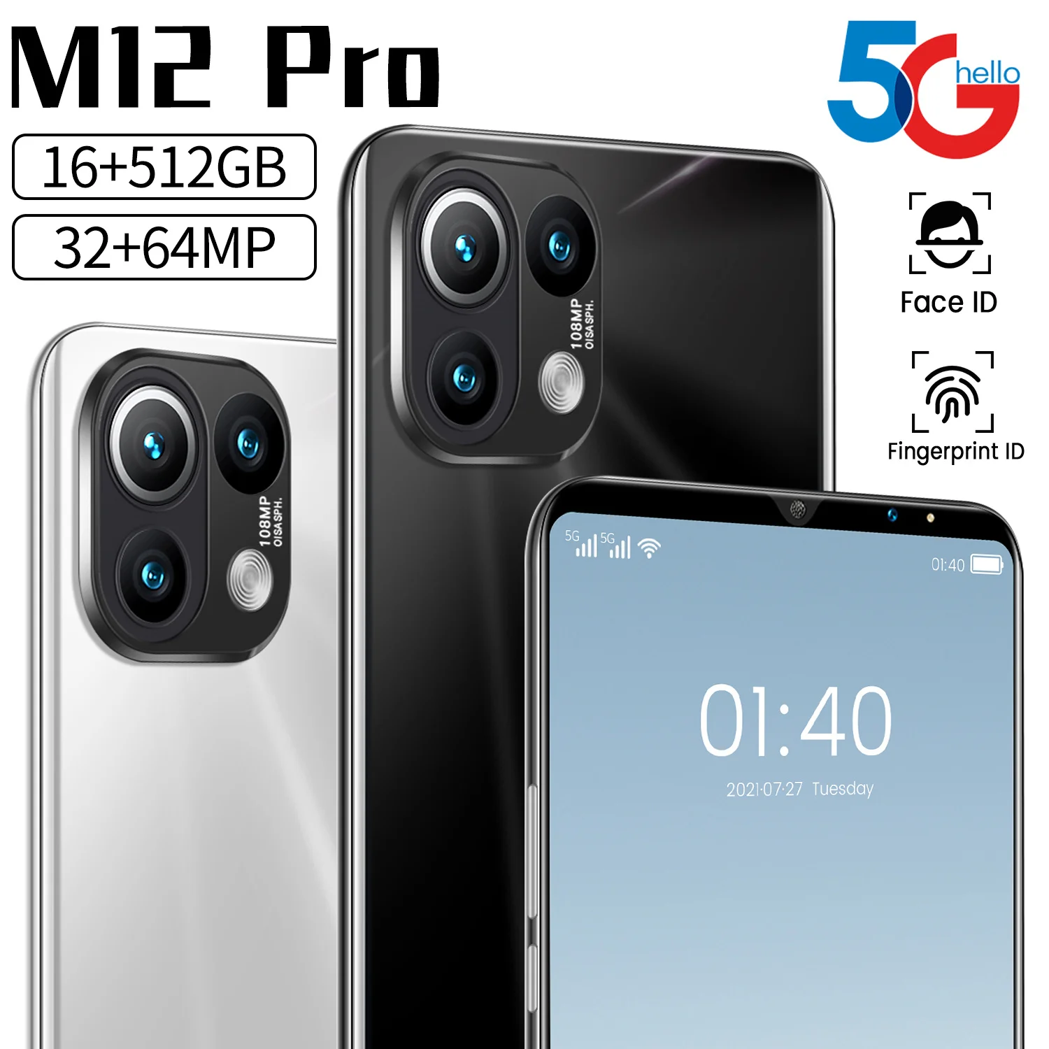 

Newest Global Version M12 Pro Mobile Phone 6.1 Inch Screen 6000mAh Battery 16G 512G 32MP 64MP Camera Face ID Snapdragon 888