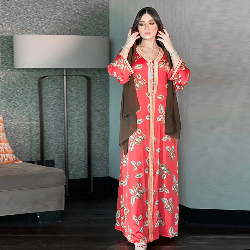 

Dubai Turkish Muslim Long Skirt Islamic Long Female Robe Europe North America Muslim Ethnic Female Long Skirt Printed Ladies Hom