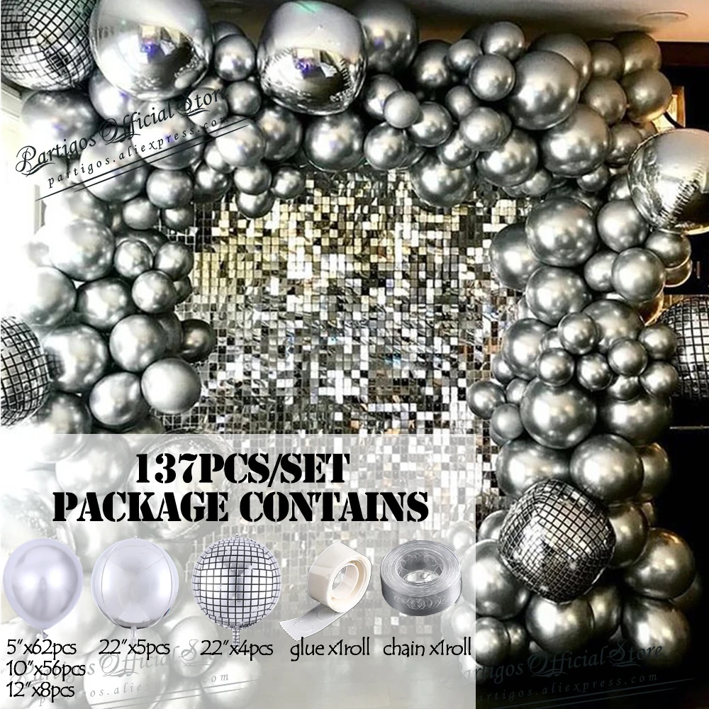 Globos de aluminio de Disco plateados, guirnalda de arco de Metal cromado, Decoraci&oacute;n Retro de fiesta de cumplea&ntilde;os y boda, 80s, 137 Uds.-2