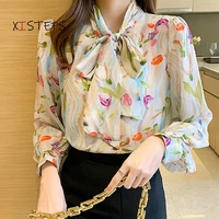 flower long sleeve blouses women bow tie chiffon shirts printed office lady work wear tops femme blusas 2022 spring clothings