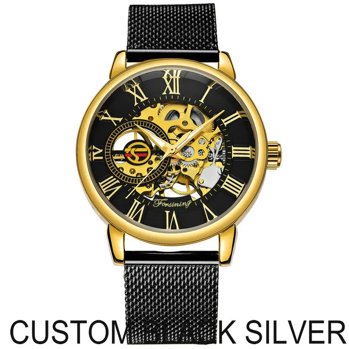 CUSTOM BLACK SILVER FORSINING, синие мужские часы, Топ бренд, роскошные механические часы со скелетом, мужские Ультра тонкие сетчатые часы с ремешком, модные повседневные наручные часы - Цвет: CUSTOM BLACK SILVER
