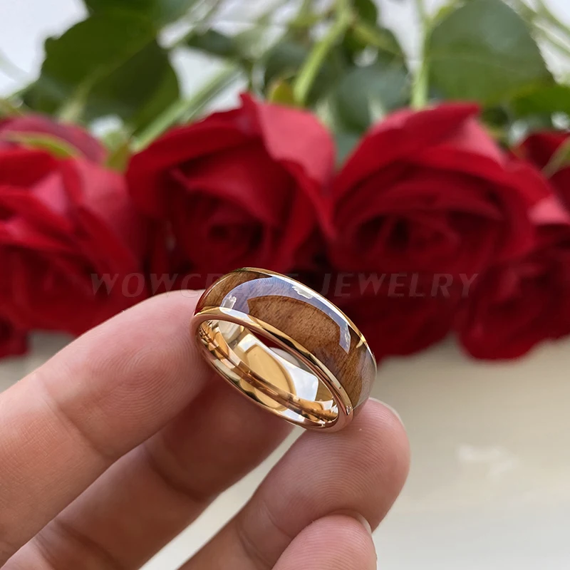 

8mm Rose Gold Dropshipping Tungsten Carbide Ring Fashion Wedding Band Wood Inlay Trendy I Love You Engraved Domed Comfort Fit