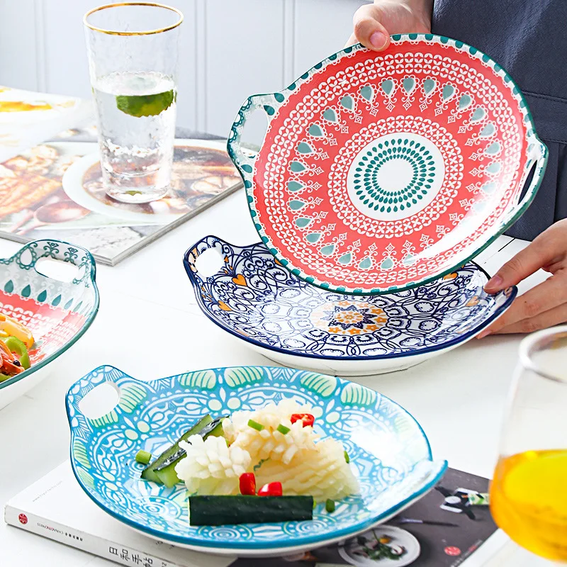 

Ceramic plate bohemian wind hand-painted glaze under the color of 11 inch two-ear disc dish baking tray home