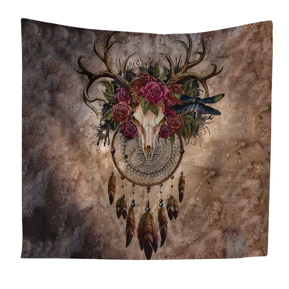 

Bull Watercolor Buffalo Skull with Feathers on Golden Mandala Animal in Boho Style Hand Catcher Cow Dream