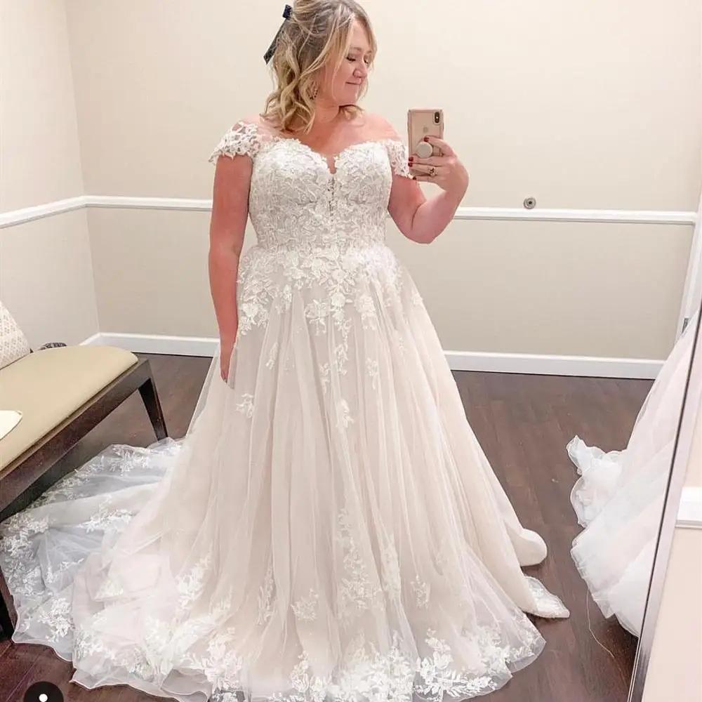 2020 свадебное платье большого размера ТРАПЕЦИЕВИДНОЕ Тюлевое кружевное с
