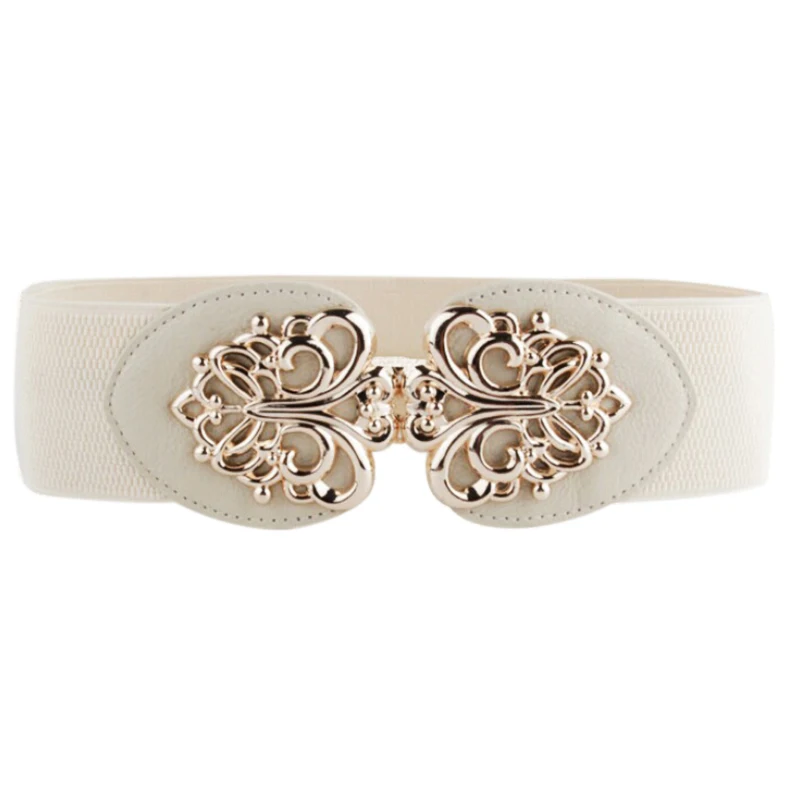 

Women Metallic Retro Flower Elastic Stretchy Dress Narrow Waist Belt Band, Beige