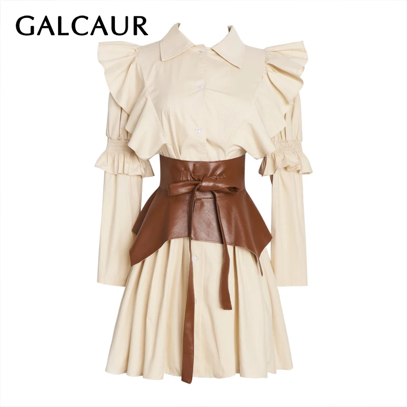 

GALCAUR Puff Long Sleeve Dresses For Female Patchwork Ruffle High Waist Slimming Ruched With Belt Women's Dress Fashion New