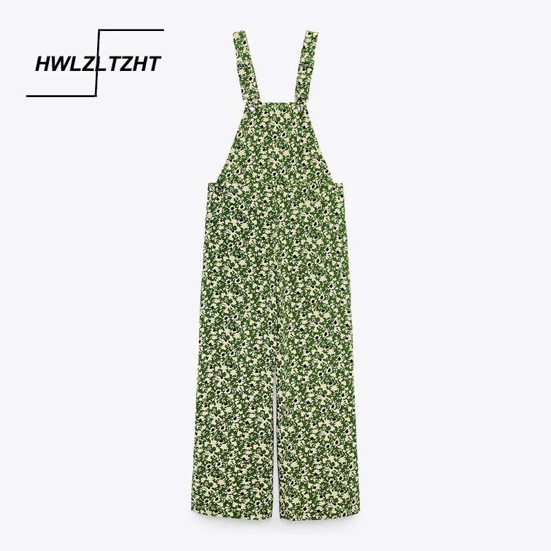 

HWLZLTZHT Women Green Print Jumpsuit Bib Overalls Sleevless Wide Straps Loose Dungarees Feminine Chic Buttoned Autumn Rompers