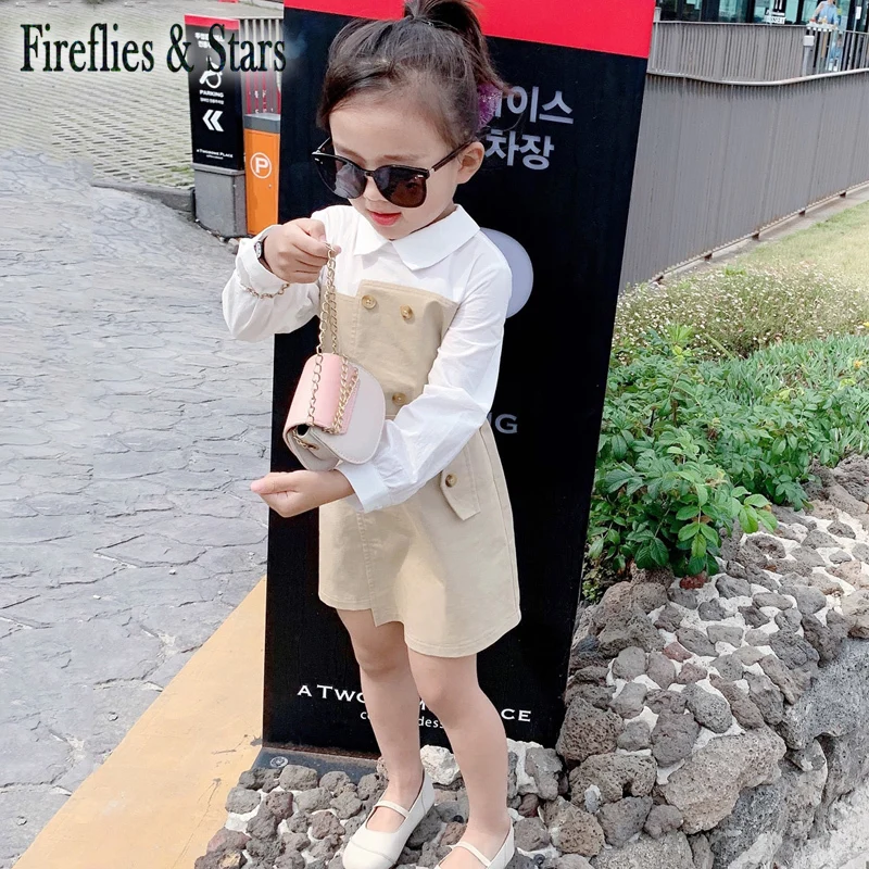 Spring Autumn girls blouse dress Baby kids brand clothes Children vestidos fake two waistband double breasted 3 to 8 yrs | Детская