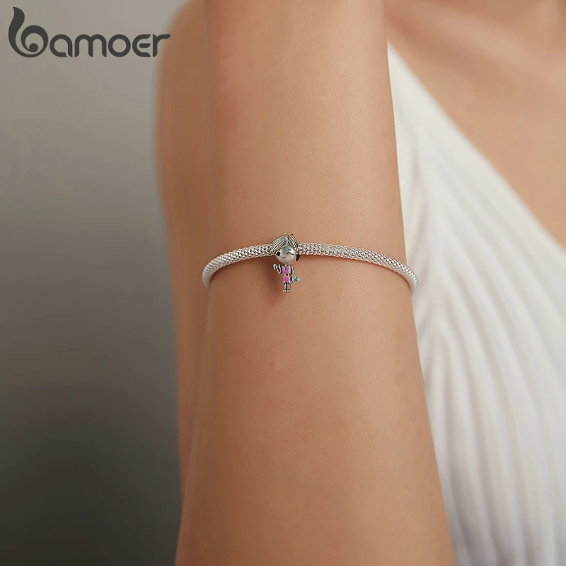 Genuine 925 Sterling Silver Gym Clothes Pink Workout Girl Dumbbell Charm Pendant Fit Original Bracelet Women Fine Jewelry Gift | Украшения