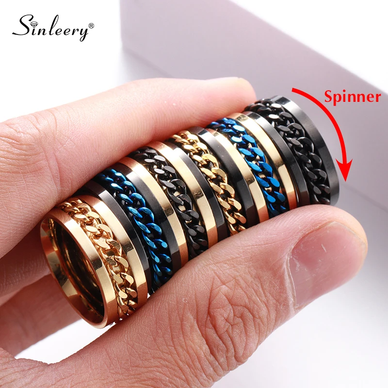

SINLEERY Cuba Mens Spinner 8MM Rings Stainless Steel Intertwine Rings for Men Center Chain Black Blue Gold Color Ring JZ223 SSK
