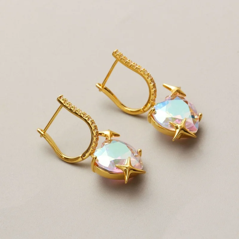 

Heart shaped star with diamond colored crystal earrings for women