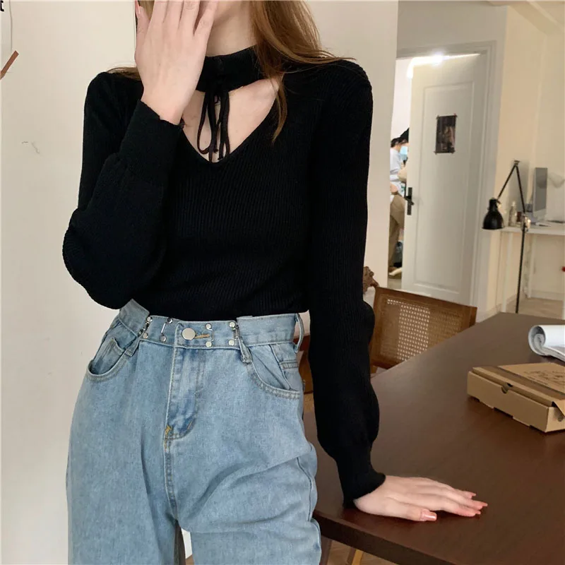 

Womens Sweaters 2021 Autumn Winter Casual Hollow Out V-Neck Ladies Pullovers Sweater Solid Long Sleeve Slim Knit Cashmere Tops