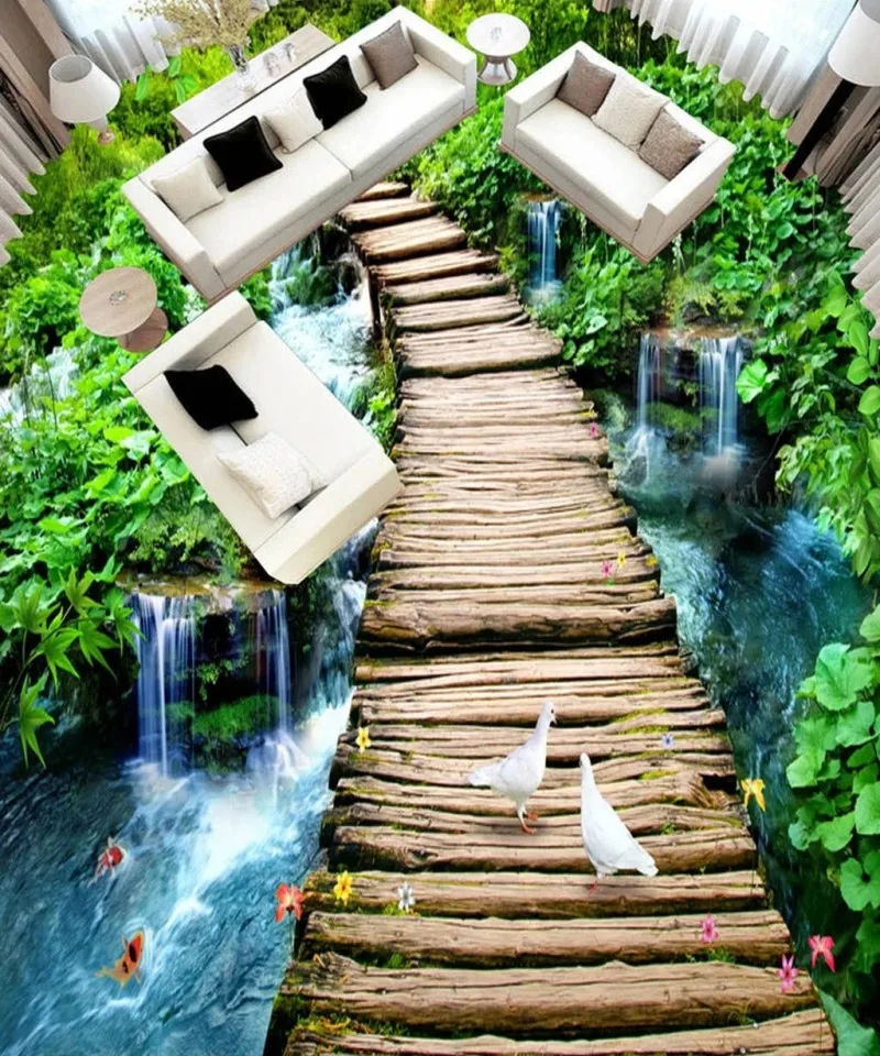 Настенные виниловые обои 3D с изображением деревянного моста большие