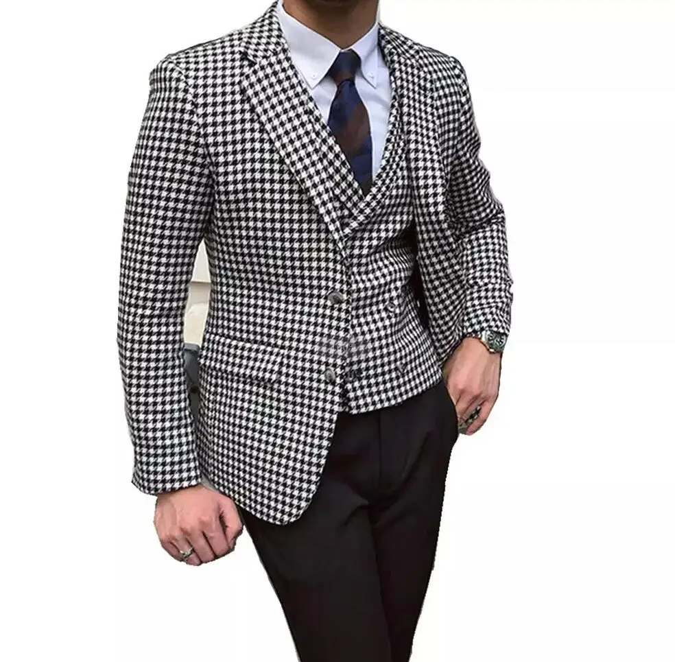 Classic Men Suits 3 Pieces Slim Fit Business Gentleman Houndstooth Wool Suits Groom Noble Tuxedos for Formal Wedding Activity
