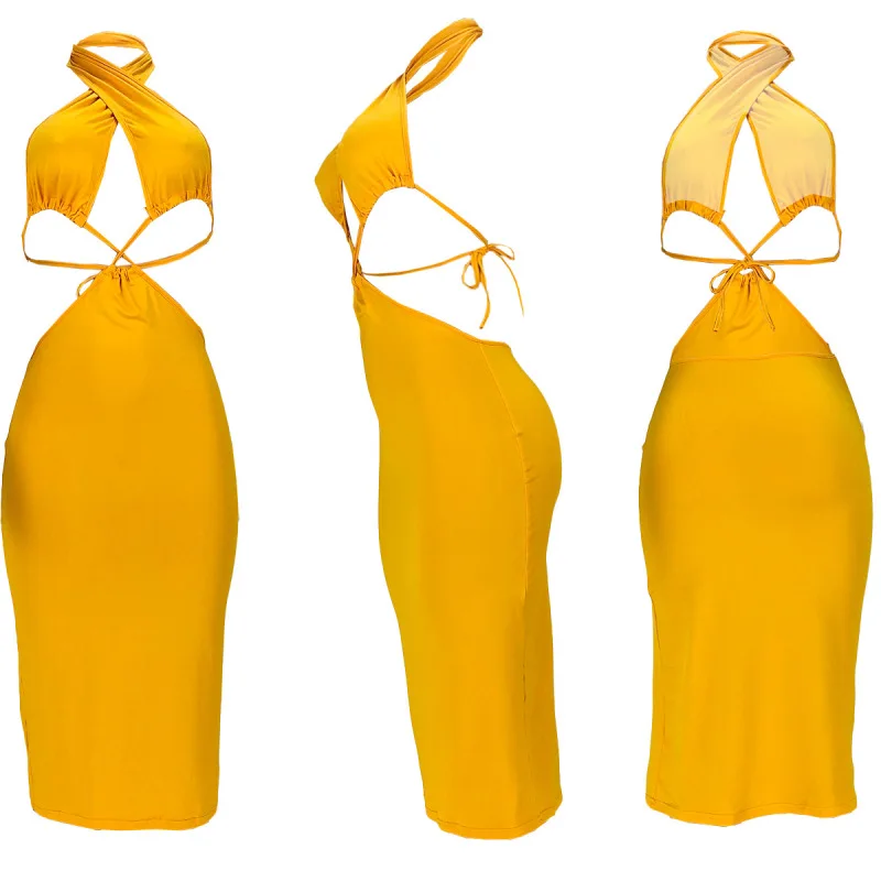 

Halter Cut-out Suspender DressYellow Dresses 2021 Summer Women's Clothing Beach Strapless Backless Solid Color FNOCE Party