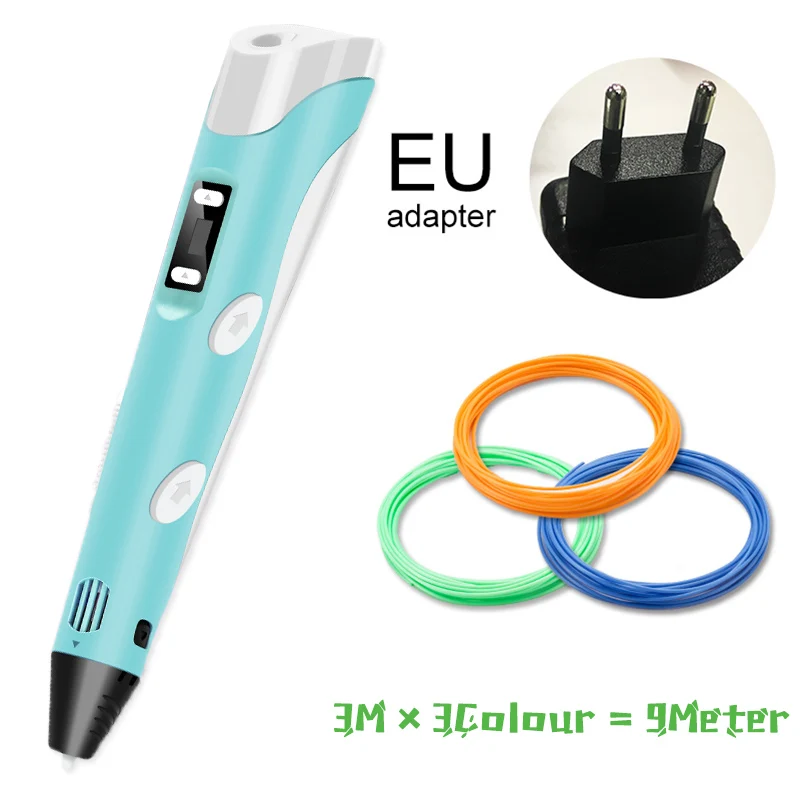 BLUE 3m3color EU 3D Ручка, три D принтера, ручка для рисования с пластиком, 100 м, PLA/ABS нити, для творчества, подарок на день рождения, Оригинальные рождественские подарки - Цвет: BLUE 3m3color EU