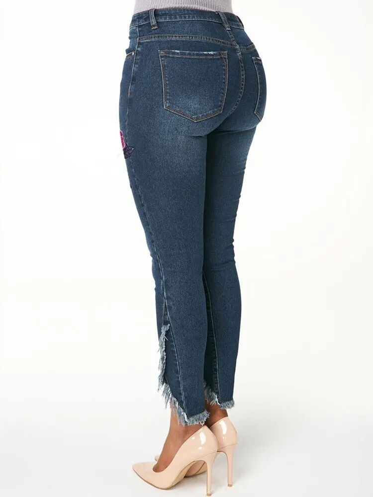 

WITHZZ Spring Women's Slim Embroidered Frayed Pencil Pants Jeans
