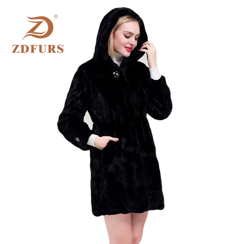 ZDFURS* 2019 Luxury Long fur coat Customize Plus Size Factory sale Genuine Rex Rabbit Real Fur Coat Women Fur Jacket New Winter