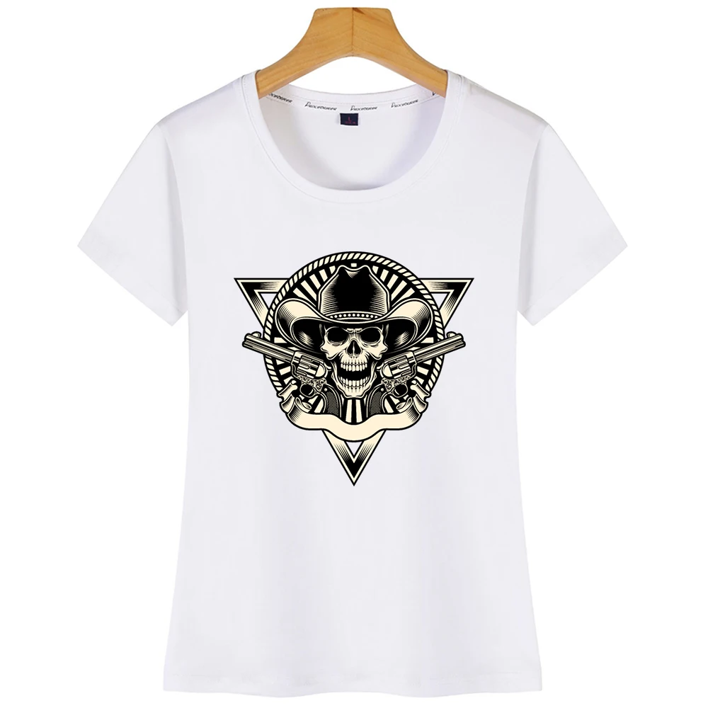 Топы Футболка Для женщин череп ковбоя с револьверы журнал Пикантная белая