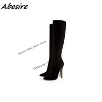 abesire black boots slip on knee high thin high heel suede long boots pointed toe solid new autumn winter big size women shoes