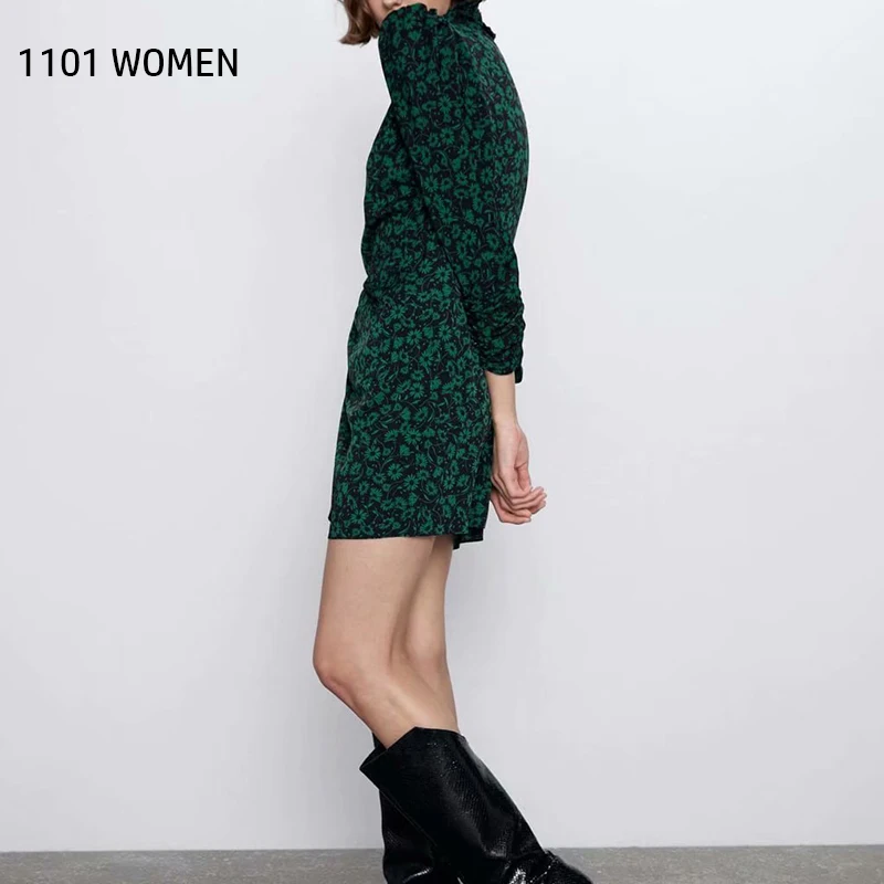 ZA Новое весеннее женское зеленое платье с цветочным принтом и рукавами