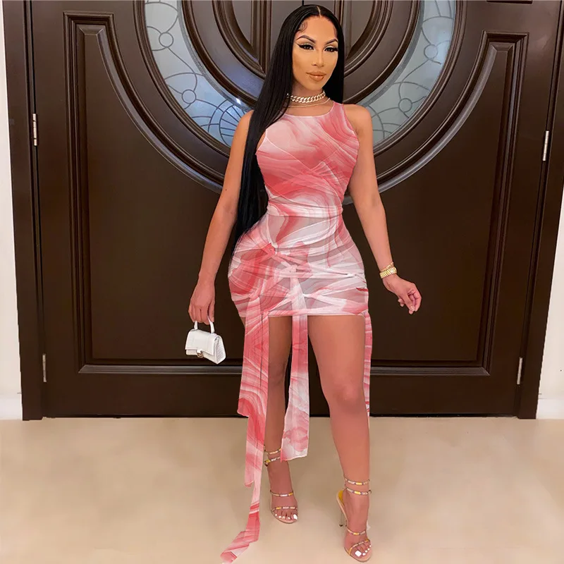

Sexy Mesh See-through Bandage Printing Tie-dye Irregular Dress