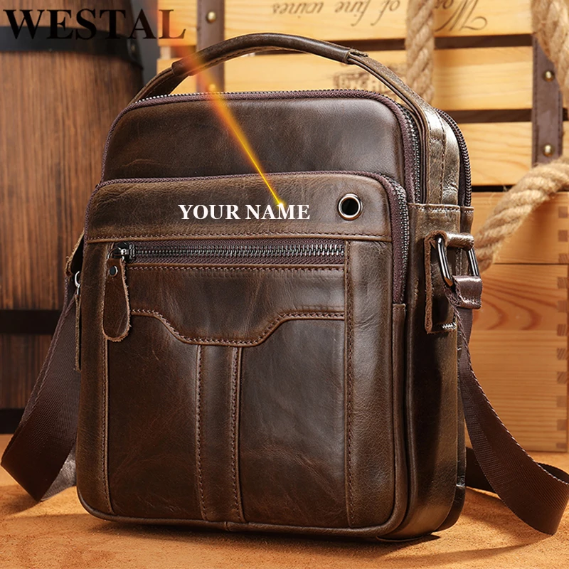 WESTAL Men's Bag Genuine Leather Shoulder Bag Husband Mid Party Bag for Man Messenger Crossbody Bags Leather Men Handbags 7013