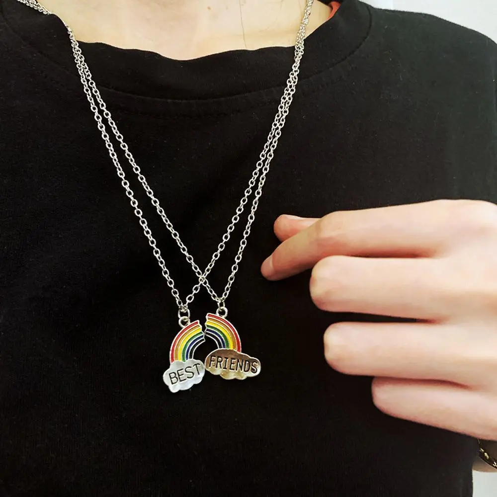Fashion Best Friend Stitching Pendant Necklace for Female Broken Heart Drip Oil Rainbow Friendship Choker Chain | Украшения и