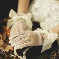 women short full fingers bow wrist elegant white ivory satin bridal wedding gloves wedding accessories prom party dancing