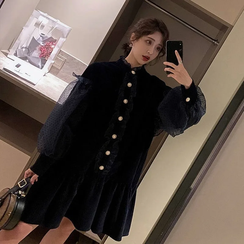 Винтажное бархатное платье блейзер женское корейское мини с пышными рукавами