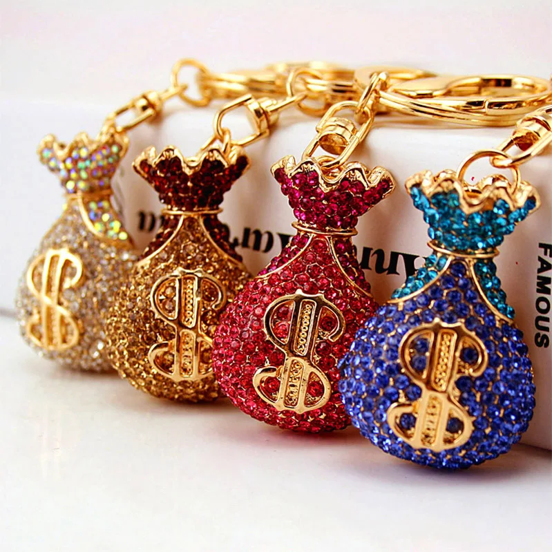 

2021 new creative diamond-studded crystal money bag blessing bag car keychain metal pendant female bag accessories key chain