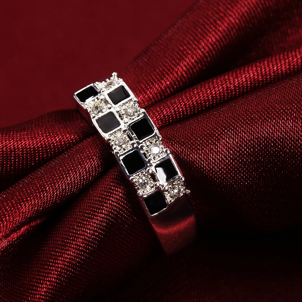 

Новый 925 Серебряные кольца для женщин, хорошее ювелирное изделие с украшением в виде кристаллов в черно-белую клетку для детей; Модные вечер...