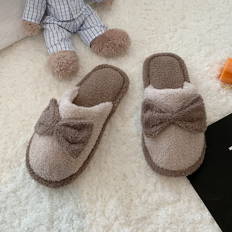 

New winter couples home casual cotton drag light simple non-slip bow indoor casual shoes snow slippers