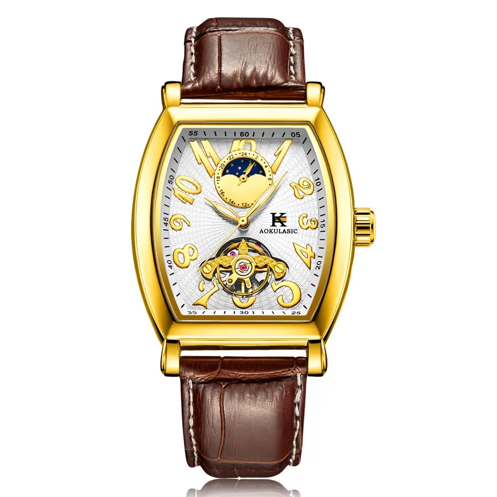 Мужские автоматические механические часы AOKULASIC Moonphase Gold Tonneau с ремешком из