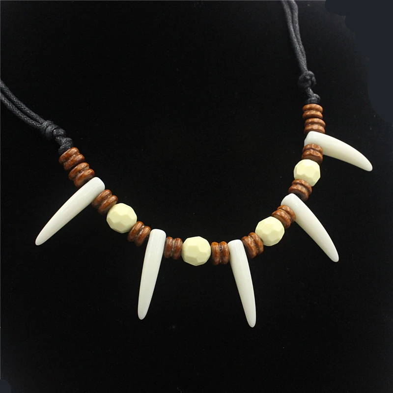 

12PCS acrylic imitation wolf tooth necklace tribal style handmade beaded wax rope adjustable necklace jewelry wholesale
