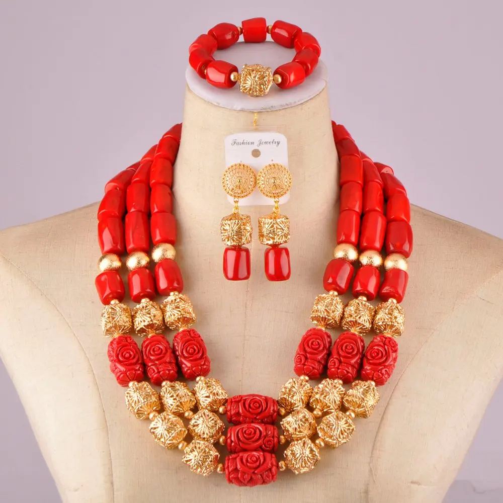 

luxurious african wedding beads nigerian red coral necklace jewelry set C21-28-03