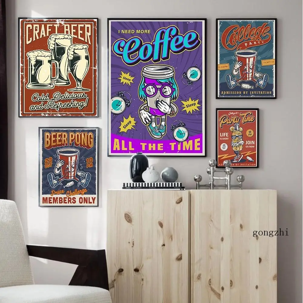 

Coffee Coke Beer Vintage Nordic Poster Cartoon Food Drink Canvas Painting Prints Bar Club Wall Art Pictures Kitchen Home Decor
