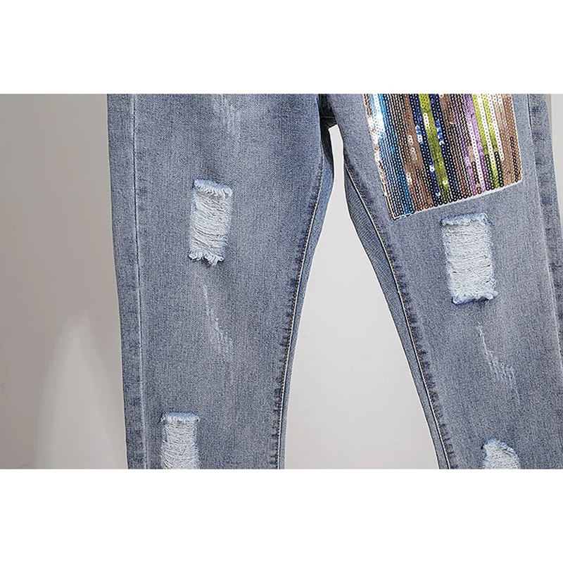 

2021 Summer Korean Sequins T-shirt Holes Denim Pants Set Women White Tee shirt Calf-Length Jeans Pants Two Piece Outfits Female