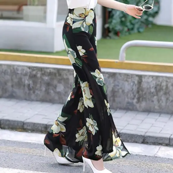 Новинка 2020 года летние брюки с цветочным принтом и разрезом сбоку тонкие
