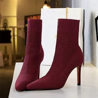2022 women fashion 9 5cm high heels pumps pointed toe ankle boots nightclub fashion boots winter heels sock burgundy sexy shoes